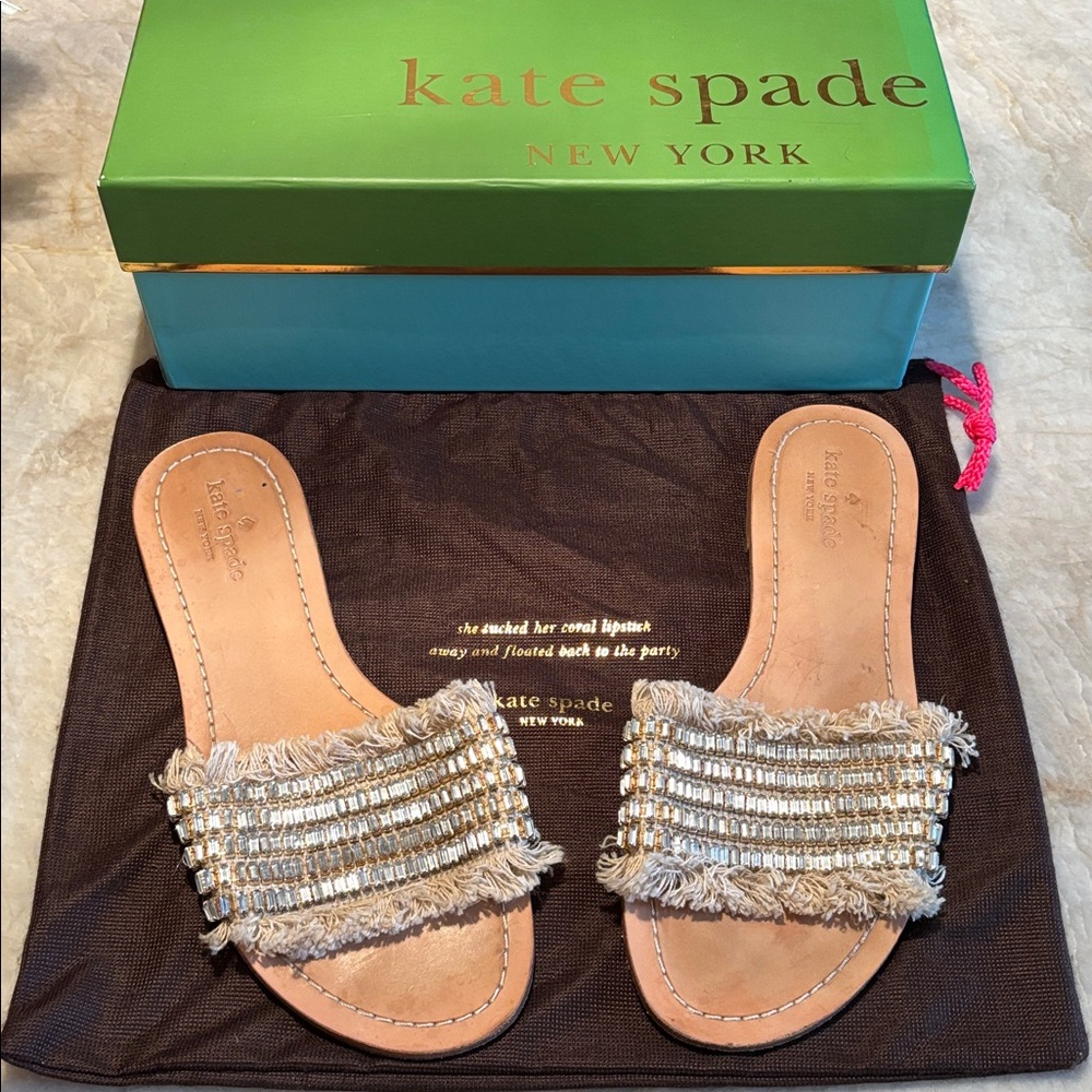 Kate Spade Solaina Natural Woven Embellished Jeweled Leather Slides Sandals 9M - Picture 2 of 11